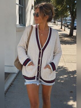 Vintage Woods & Gray Cable Knit Cardigan XL 100% Cotton Preppy Sweater